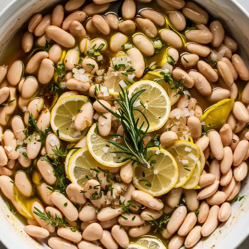 Deliciosas y nutritivas judías blancas ayurvédicas con romero, un plato saludable, vegano y refrescante.